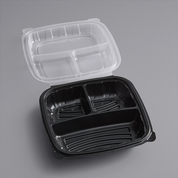 9" x 9" 3 Compartment Black/Clear Plastic Hinged Container – JC series - 150/Case