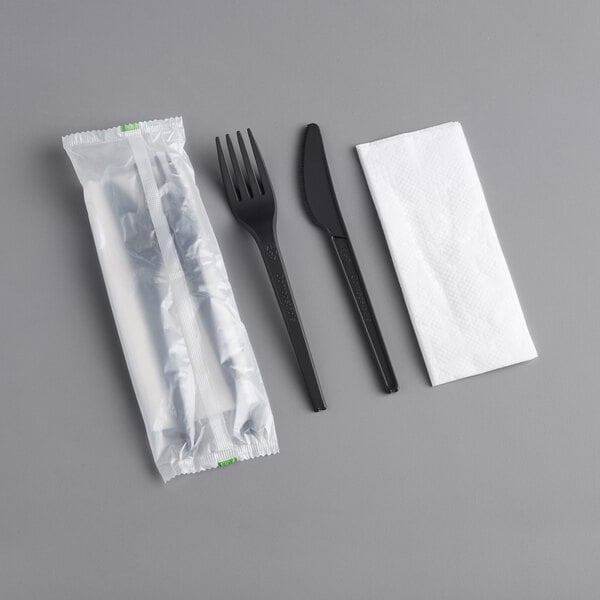 3 in 1 Black Wrapped PP Heavyweight Cutlery Kits - 500/Case