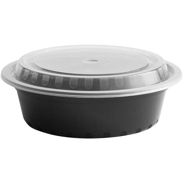 32 oz. Black Round Microwavable Heavy Weight Containers & Lids Combo Pack - 150/Case