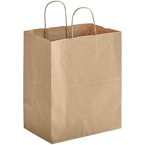 10" x 6.75" x 13.5" Kraft Nattural Paper Shopping Bag with Handles - 250/Case