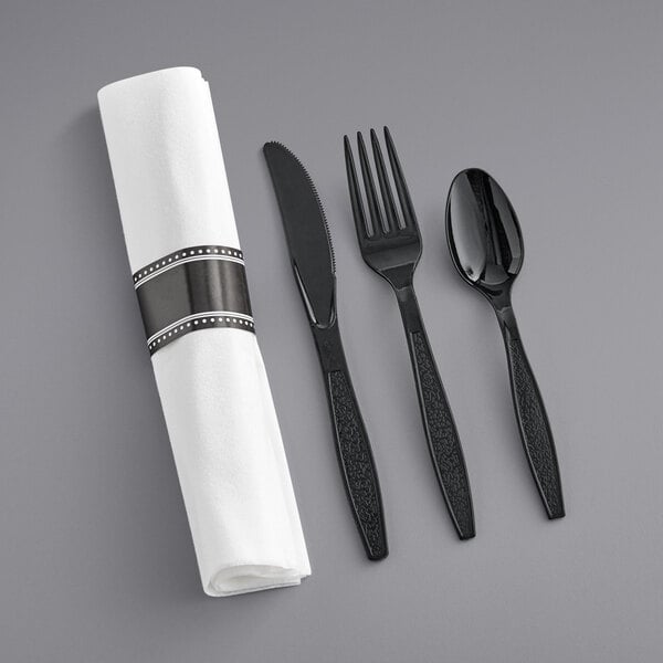 17" x 17" White Pre-Rolled Linen-Like Napkin and Black Heavy Weight Plastic Cutlery Set - 100/Case