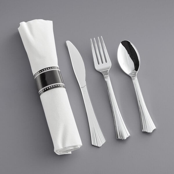 17" x 17" White Pre-Rolled Linen-Like Napkin and Silver Heavy Weight Plastic Cutlery Set - 100/Case