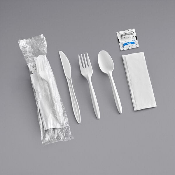 6 in 1 White Medium Weight Wrapped Polypropylene Plastic Cutlery - 250/Case