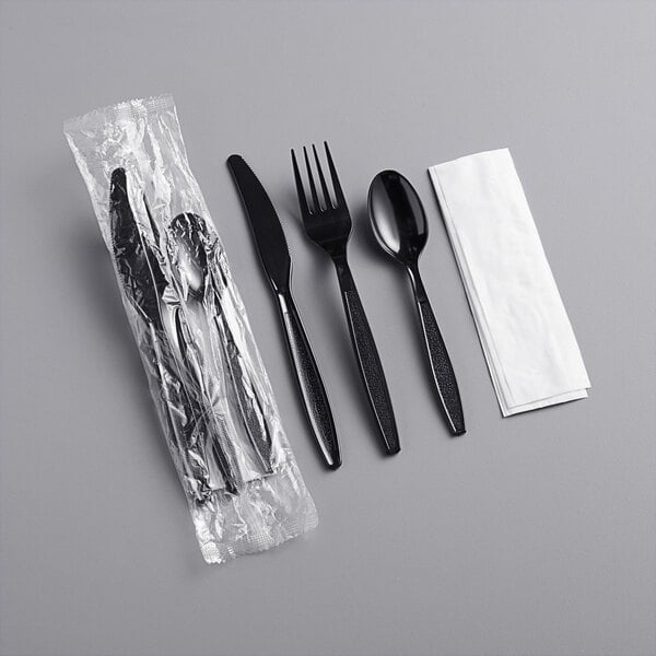4 in 1 Black Wrapped PP Heavyweight Cutlery Kits - 500/Case