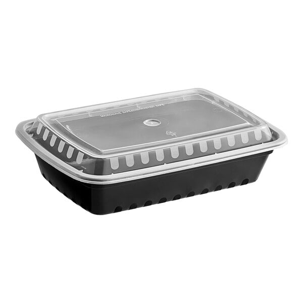 32 oz. Black Rectangular Microwavable Plastic Food Containers & Lids Combo Pack - 150/Case