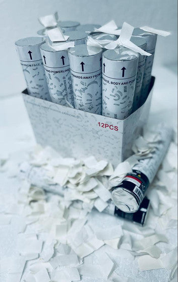 12" White Confetti Cannons - 72/Case