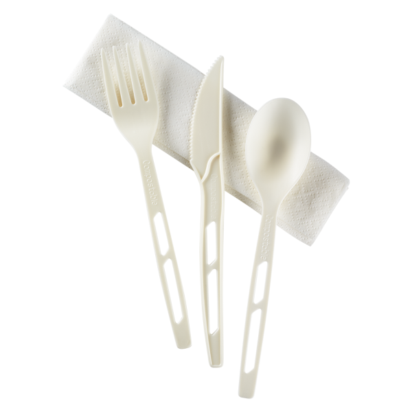 4 in 1 White Wrapped Compostable Heavyweight Cutlery Kits w/ 2-Ply Napkin - 250/Case