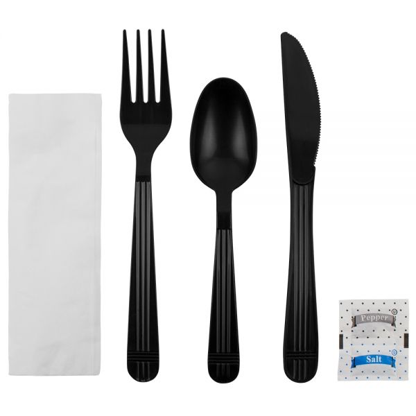 6 in 1 Black Heavy Weight Wrapped Polypropylene Plastic Cutlery - 250/Case